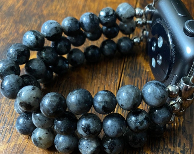 Black Labradorite Stainless Steel Beaded Apple Watch Band
