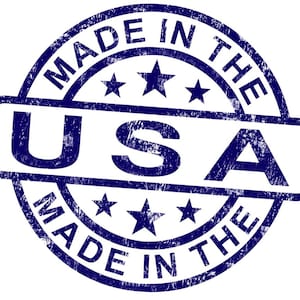 K&ouml;nnte beinhalten: Blauer und wei&szlig;er, abgenutzter Gummistempel mit dem Text "Made in the USA Made in the" und f&uuml;nf Sternen.