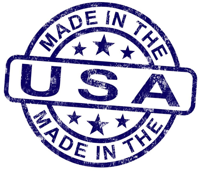 K&ouml;nnte beinhalten: Blauer und wei&szlig;er, abgenutzter Gummistempel mit dem Text "Made in the USA Made in the" und f&uuml;nf Sternen.