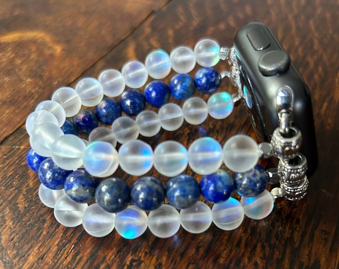 Lapis Lazuli White Aura Beaded Apple Watch Band