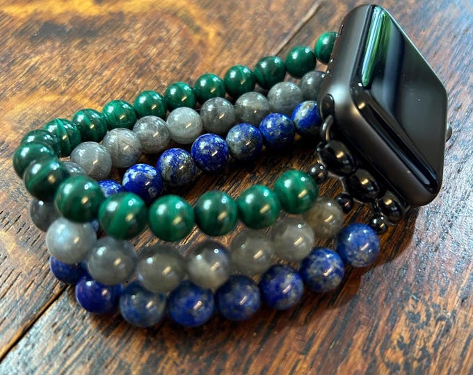 Lapis Lazuli Labradorite Malachite Stainless Steel Beaded Apple Watch Band