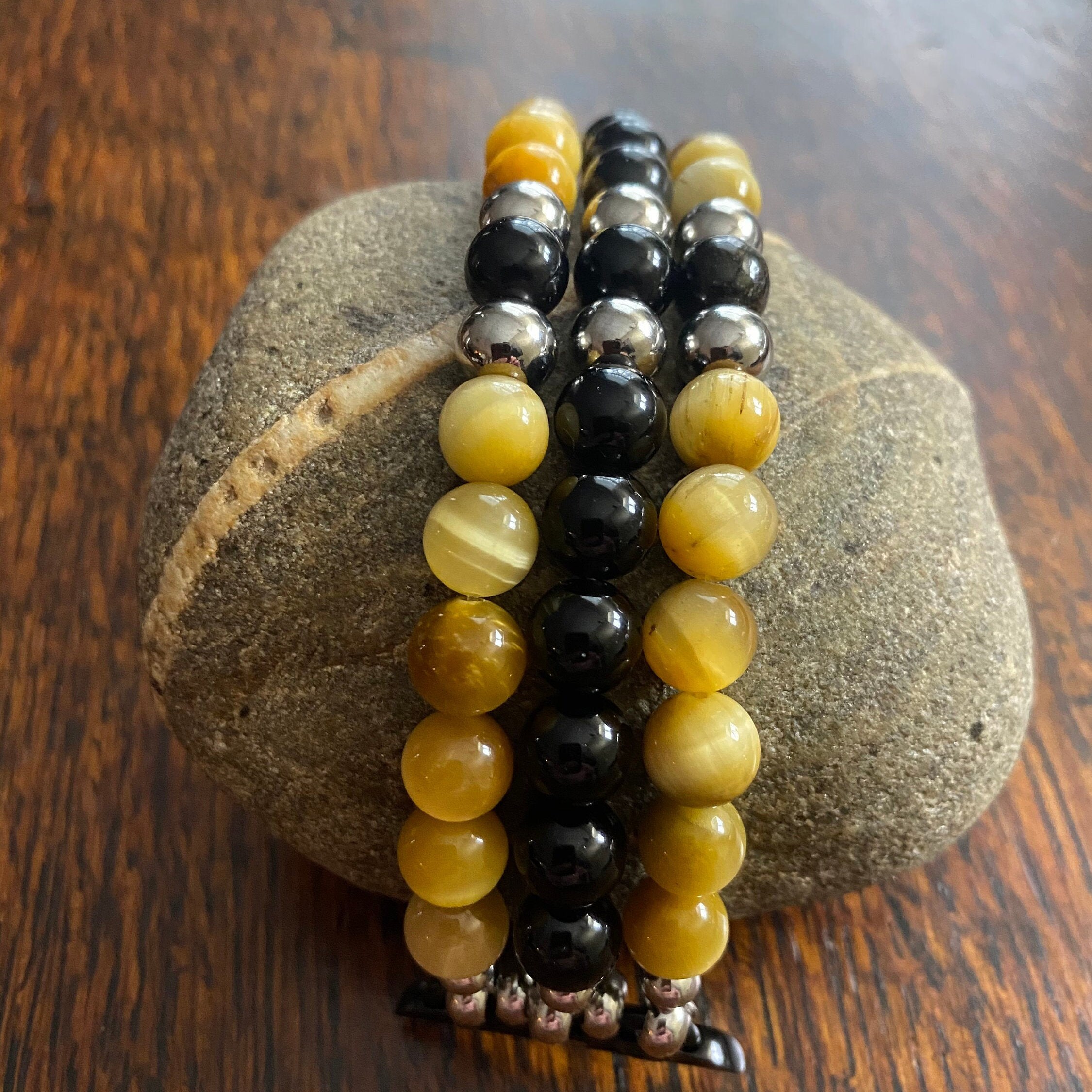 Gold Tiger Eye Black Obsidian Stainless Steel Beaded Apple Etsy