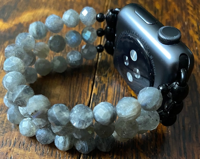 Diamond Cut Labradorite Stainless Steel Beaded Apple Watch Band