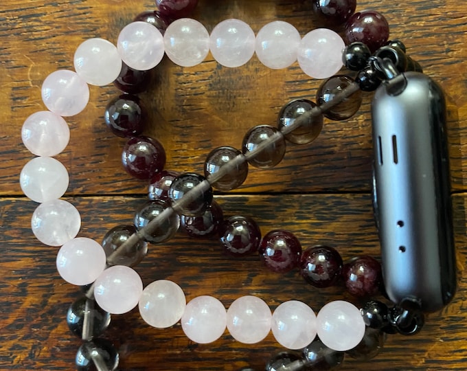 Garnet (AAA) Smokey & Rose Quartz Stainless Steel Beaded Apple Watch Band