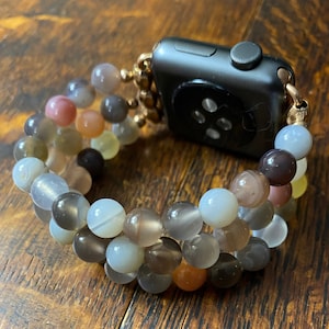 Bracelet pour montre Apple Watch en acier inoxydable avec perles en agate du Botswana