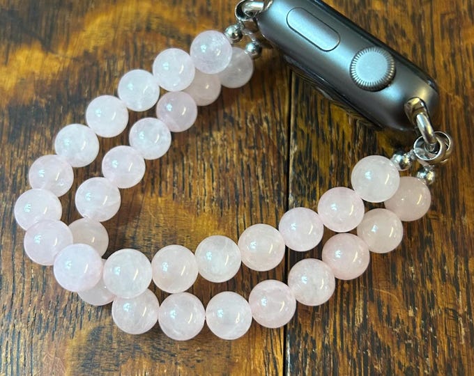 Rose Quartz 2-strand 8mm Beaded Apple Watch Band on Stainless Steel