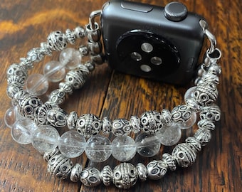 Clear Quartz Crystal Tibetan Silver Stainless Steel Beaded Apple Watch Band