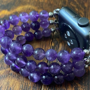Amethyst Quartz Stainless Steel Beaded Apple Watch Band