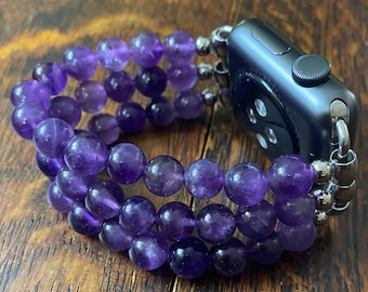 February - Amethyst Quartz Stainless Steel Beaded Apple Watch Band