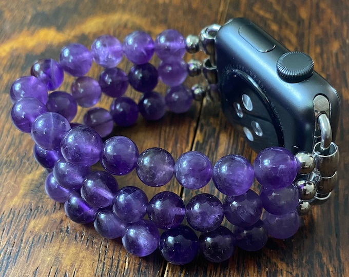 February - Amethyst Quartz Stainless Steel Beaded Apple Watch Band