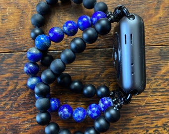 Lapis Lazuli Matte Black Obsidian Stainless Steel Beaded Apple Watch Band