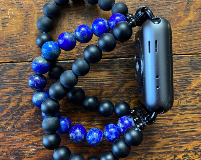 Lapis Lazuli Matte Black Obsidian Stainless Steel Beaded Apple Watch Band