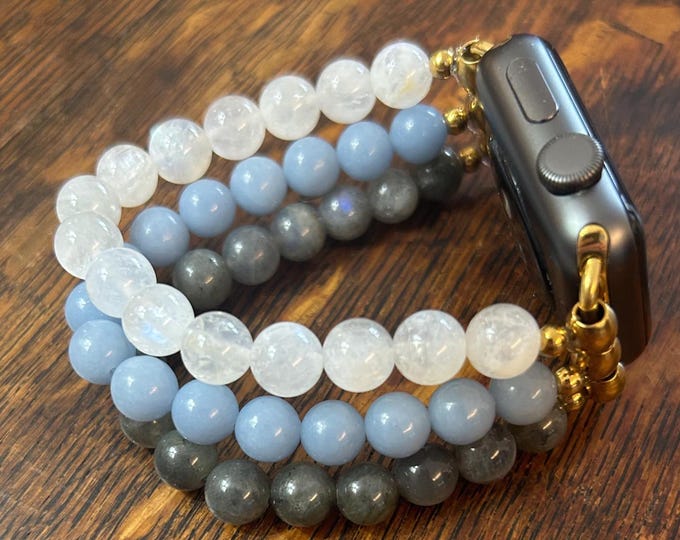 Moonstone Angelite Labradorite Beaded Apple Watch Band on Stainless Steel