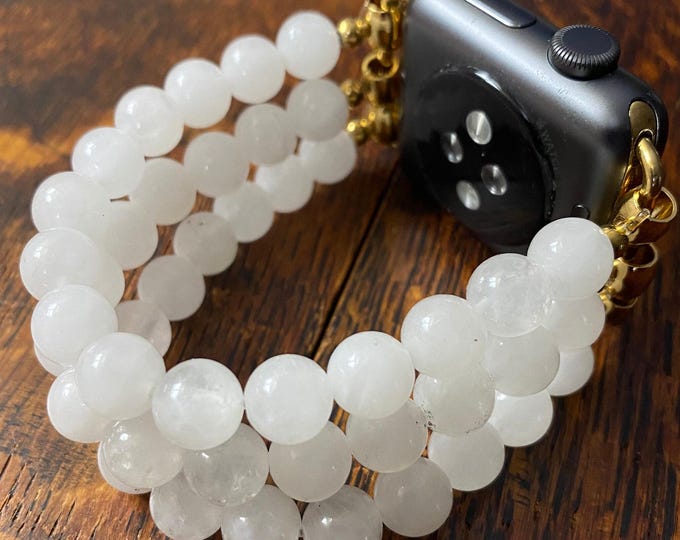 White Jade Beaded Apple Watch Band on Stainless Steel