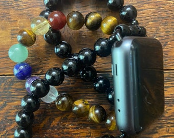 Chakra Tourmaline Tiger Eye Stainless Steel Beaded Apple Watch Band