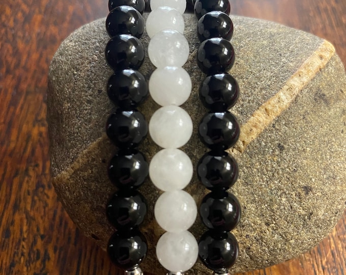White Jade Black Obsidian Stainless Steel Beaded Apple Watch Band