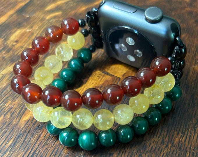 Citrine Red Agate Malachite Stainless Steel Beaded Apple Watch Band