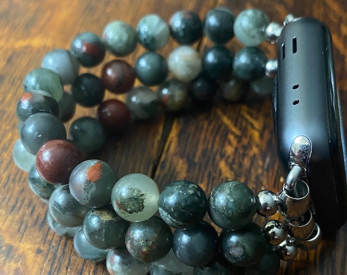 African Bloodstone Stainless Steel Beaded Apple Watch Band