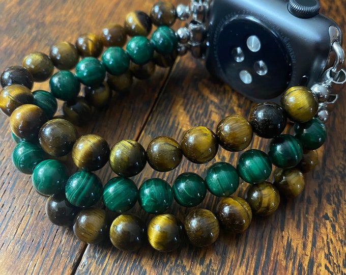 Malachite Tiger Eye Stainless Steel Beaded Apple Watch Band
