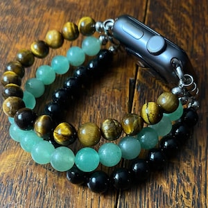 Aventurine Tiger Eye Black Obsidian Stainless Steel Beaded Apple Watch Band