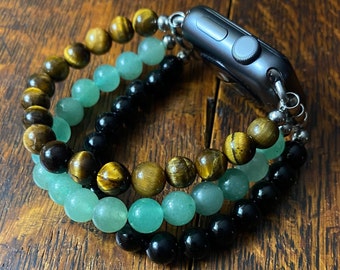 Aventurine Tiger Eye Black Obsidian Stainless Steel Beaded Apple Watch Band