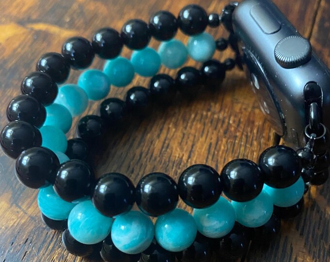 Amazonite Black Obsidian Stainless Steel Beaded Apple Watch Band