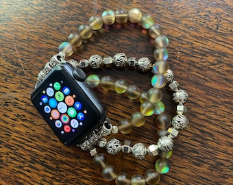 Brown Aura Crystal and Tibetan Silver Beaded Apple Watch Band