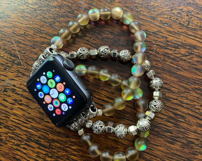 Brown Aura Crystal and Tibetan Silver Beaded Apple Watch Band