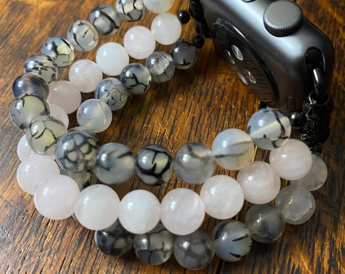 Dragon Vein Agate Rose Quartz Stainless Steel Beaded Apple Watch Band
