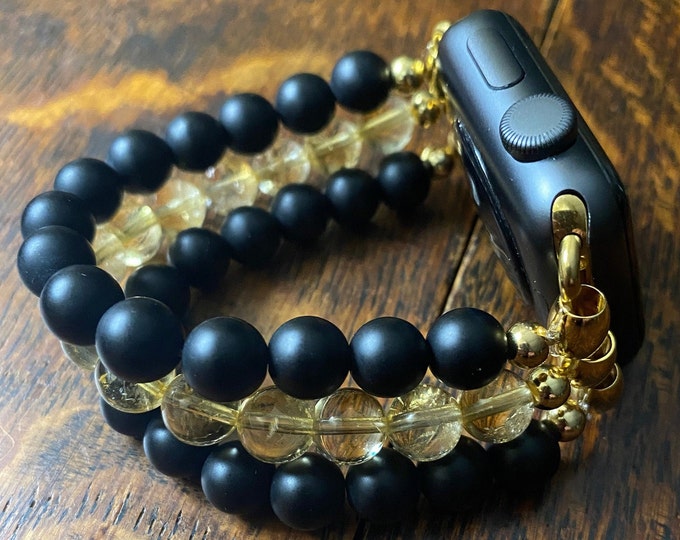 Citrine Matte Black Obsidian Stainless Steel Beaded Apple Watch Band