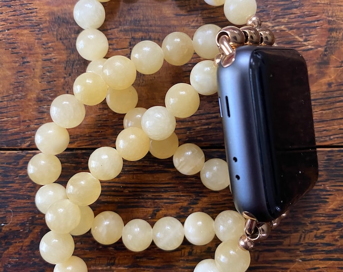 Yellow Jade Stainless Steel Beaded Apple Watch Band