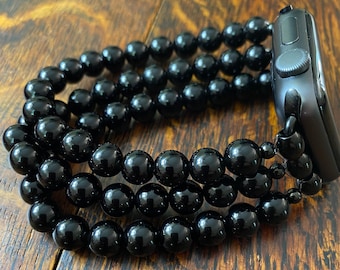 Black Obsidian Stainless Steel Beaded Apple Watch Band