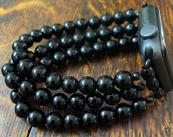 Black Obsidian Stainless Steel Beaded Apple Watch Band