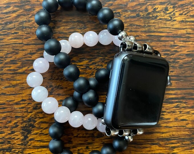 Matte Black Obsidian Rose Quartz Stainless Steel Beaded Apple Watch Band