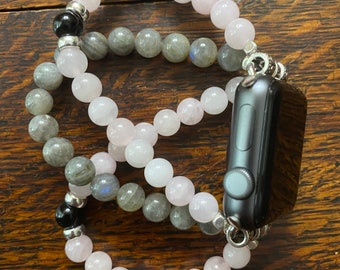 Rose Quartz Labradorite Black Obsidian Beaded Apple Watch Band