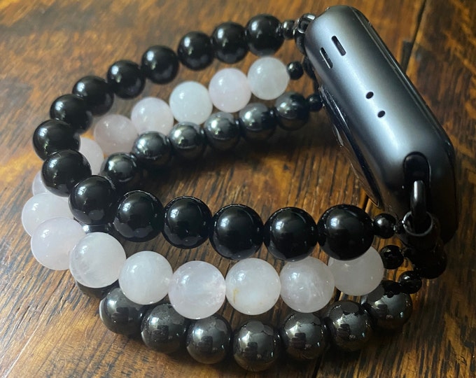 Black Obsidian Rose Quartz Hematite Stainless Steel Beaded Apple Watch Band