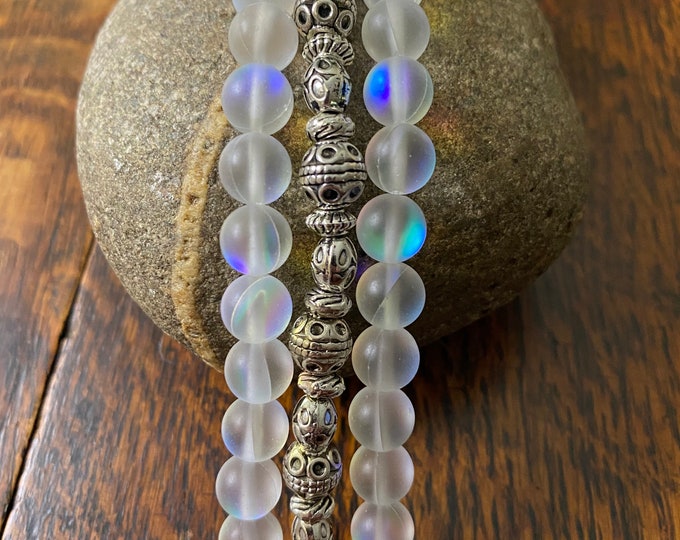 White Aura Crystal and Silver Tibetan Beads Apple Watch Band
