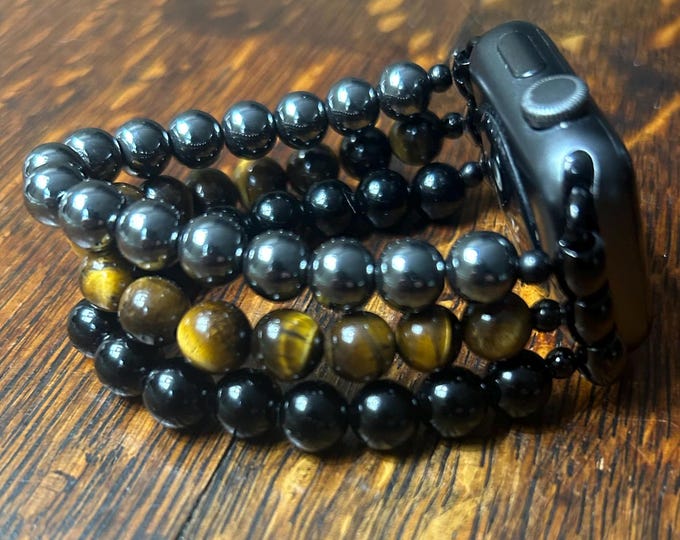 Hematite Tiger Eye Black Obsidian Stainless Steel Beaded Apple Watch Band