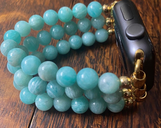 Amazonite Stainless Steel Beaded Apple Watch Band