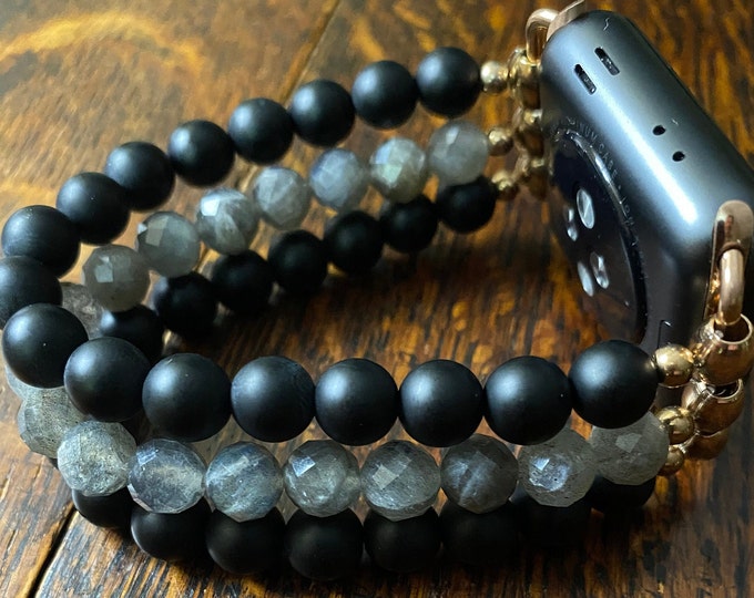 Matte Black Obsidian Diamond Cut Labradorite Stainless Steel Beaded Apple Watch Band