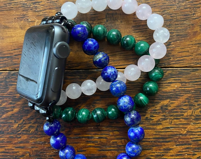 Lapis Lazuli Rose Quartz Malachite Stainless Steel Beaded Apple Watch Band