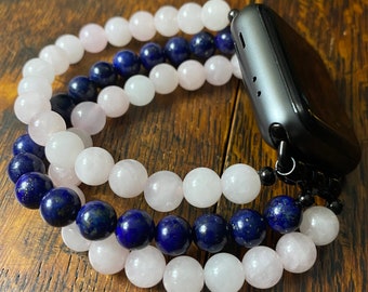 Lapis Lazuli Rose Quartz Stainless Steel Beaded Apple Watch Band