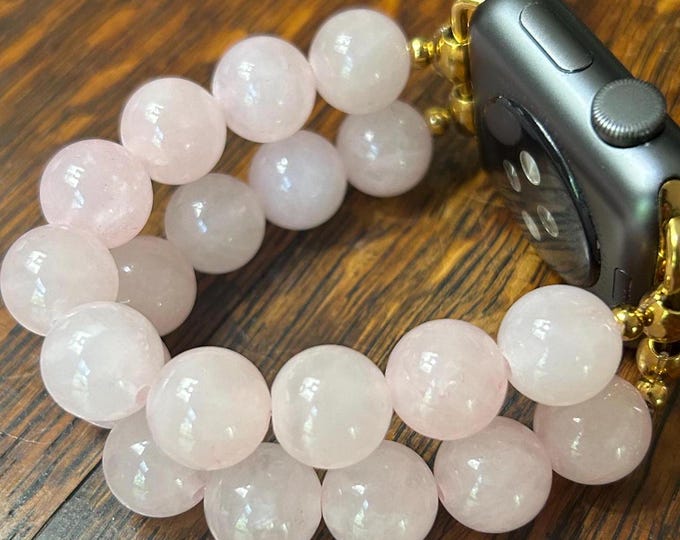 Large Stone Rose Quartz Stainless Steel Beaded Apple Watch Band