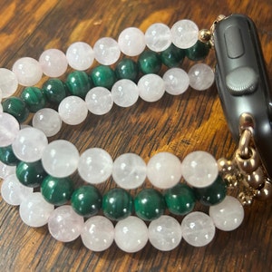 Malachite Rose Quartz Stainless Steel Beaded Apple Watch Band