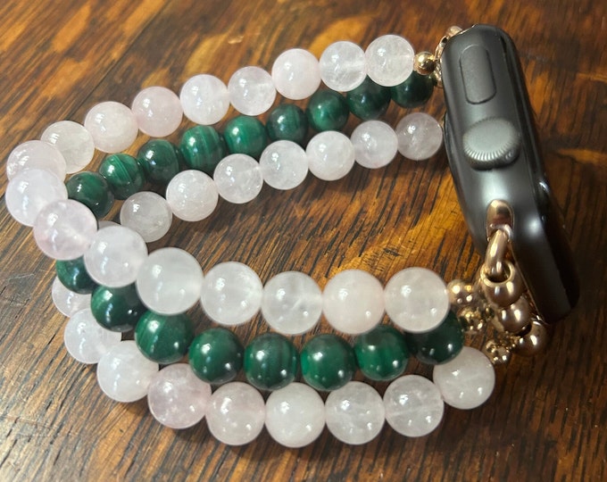 Malachite Rose Quartz Stainless Steel Beaded Apple Watch Band