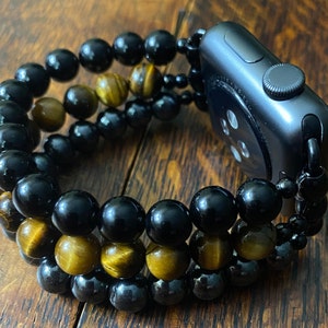 Hematite Tiger Eye Black Obsidian Stainless Steel Beaded Apple Watch Band