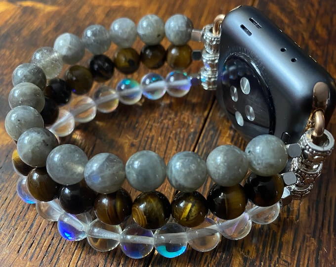 Labradorite Tiger Eye Clear Quartz Stainless Steel Beaded Apple Watch Band