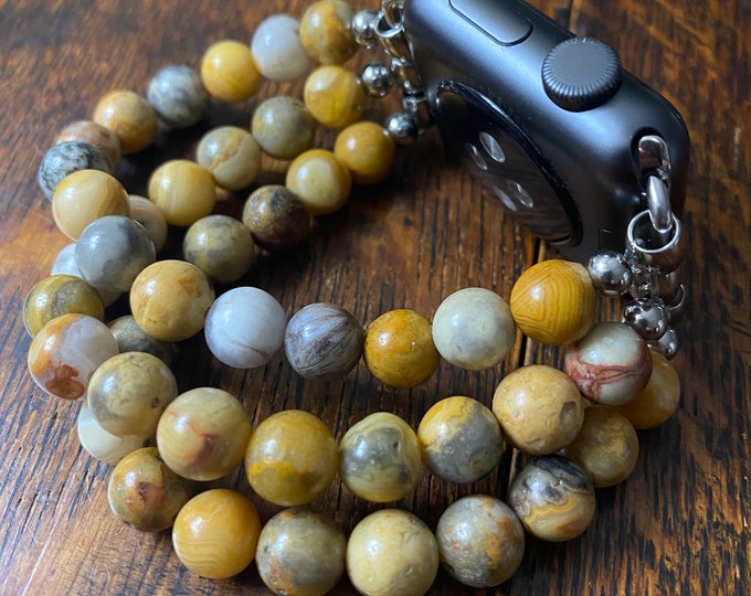 Crazy Lace Agate Stainless Steel Beaded Apple Watch Band
