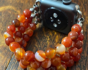 Red Cornelian Stainless Steel Beaded Apple Watch Band
