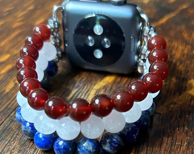Red Agate White Jade Lapis Lazuli Stainless Steel Beaded Apple Watch Band